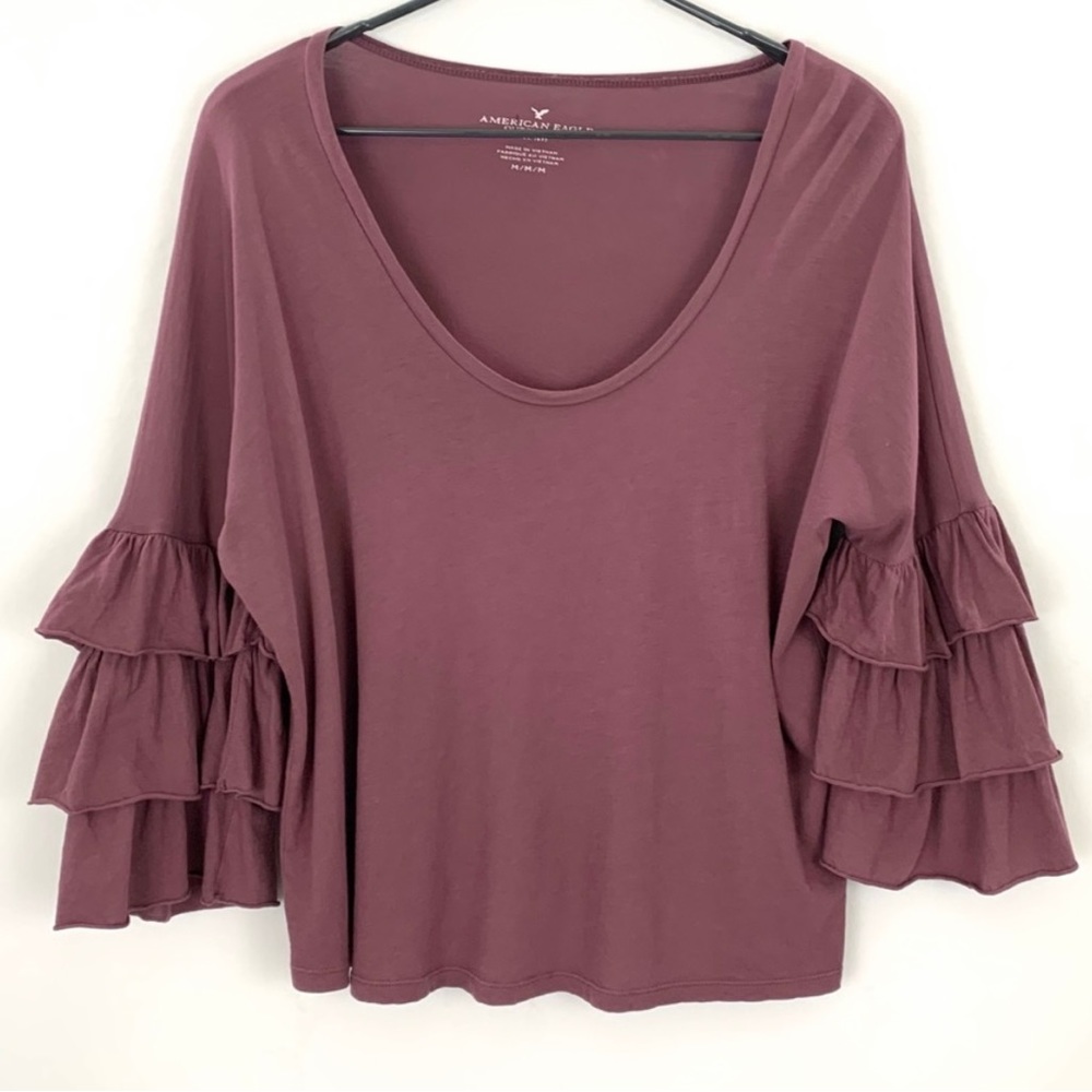5/$25 American Eagle Outfitters Dusty Purple Ruffle Sleeve Top - Picture 2 of 7